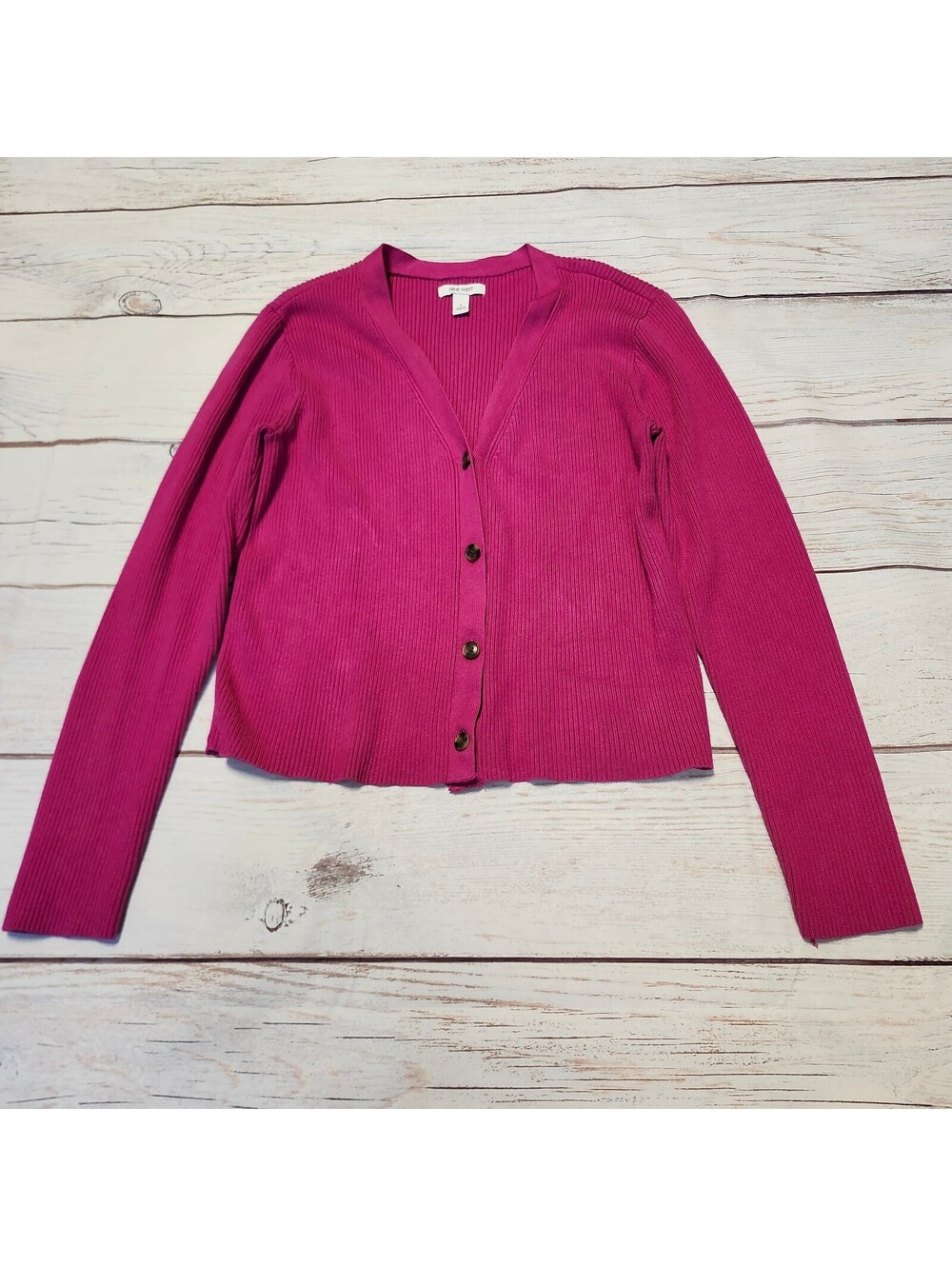Nine West Women's Ribbed Button-Up Cardigan Sweater Large Pink